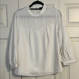BANANA REPUBLIC Medium White Eyelet Blouse Long Sleeve High Neck Mixed Media